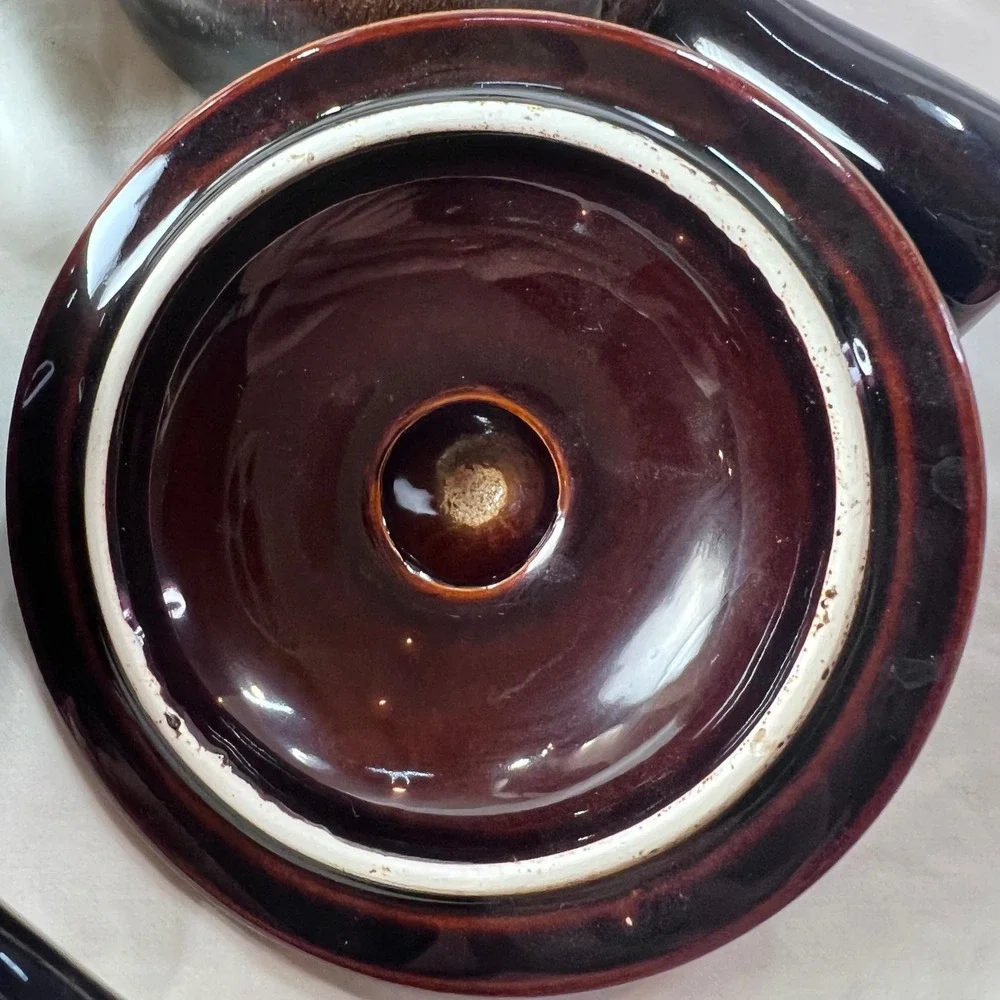 Vintage Brown Drip Glaze Ceramic Soup Crocks with Mushroom Lids Set of 4